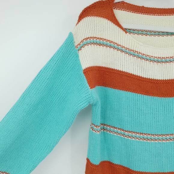 Boutique Scoop Neck Sweater Striped Aqua Orange and Cream Women's Small - Picture 5 of 9